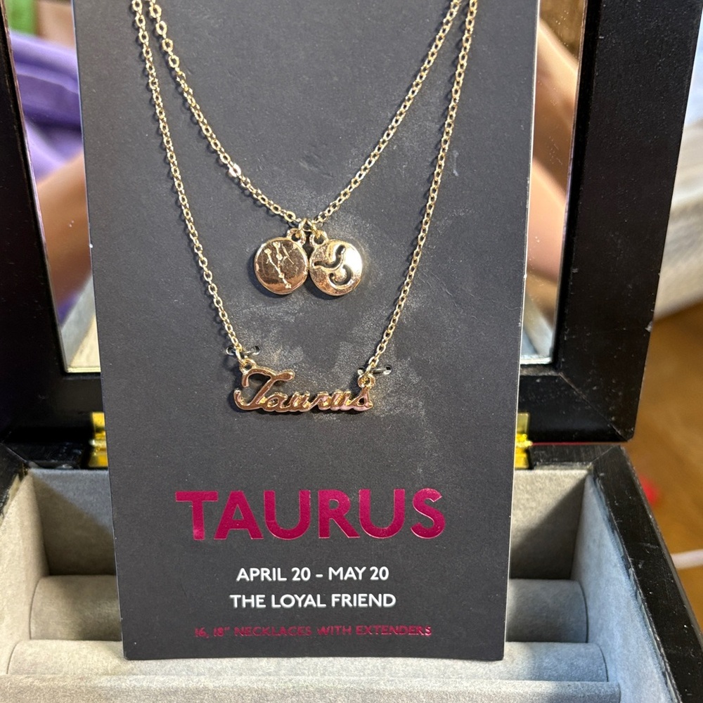 NWT 2 Gold Taurus Zodiac Necklaces w/ charms Set 16” & 18” + extenders